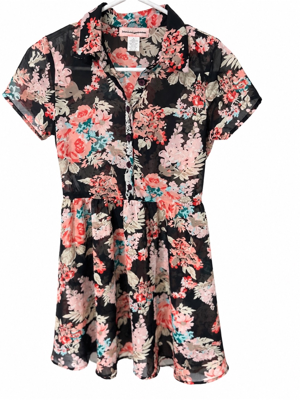 Sheer, Floral Short-Sleeve Button Front Dress Black Base with Flowers size xs